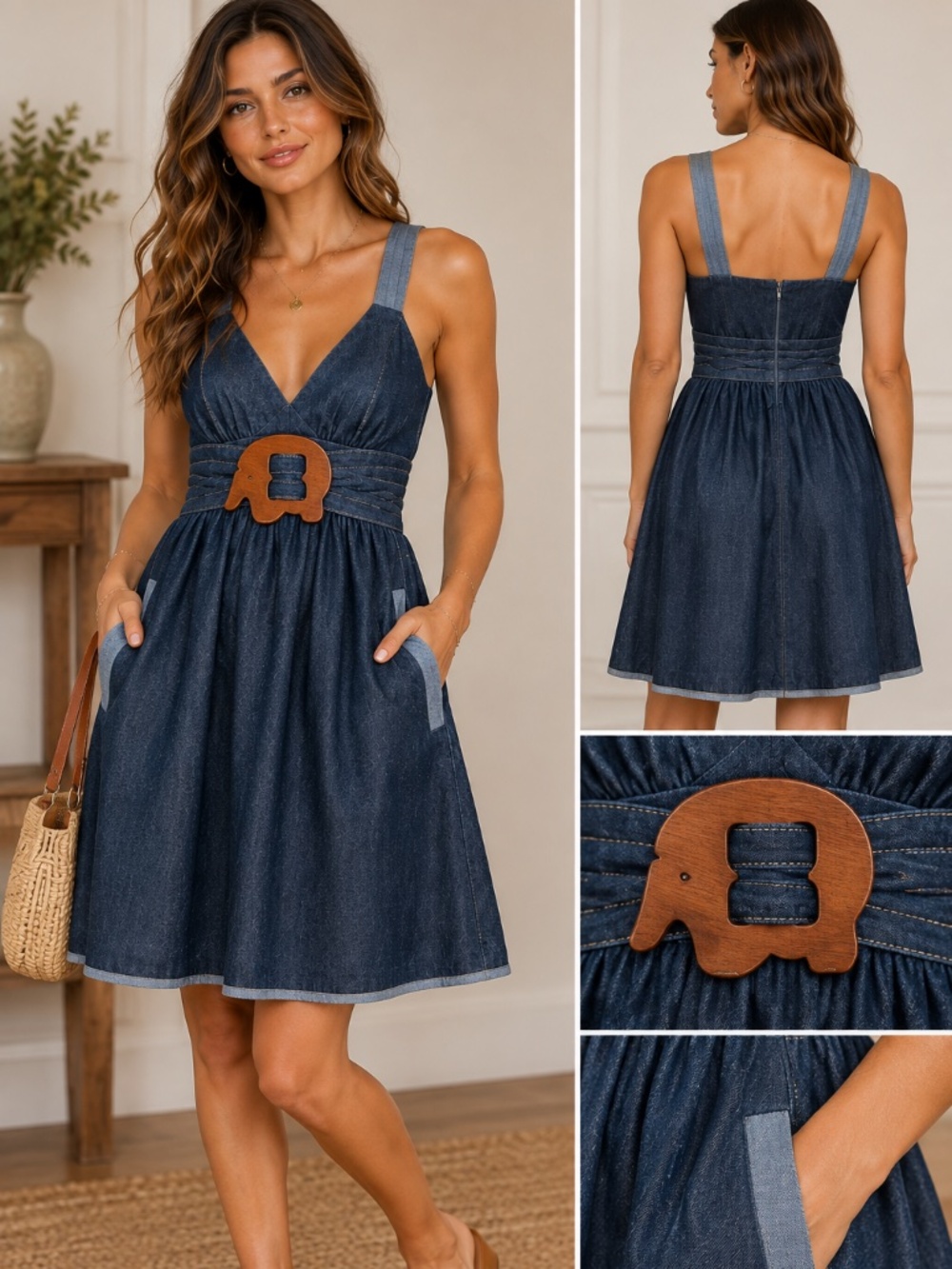 Voom Joy Han XS Denim Dress Y2K Boho Elephant Wood Buckle Fit Flare Mini Pockets